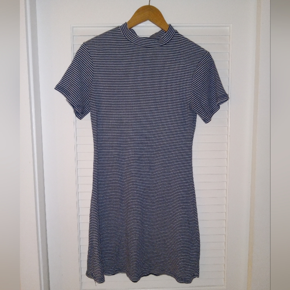 Blue Striped Mini Dress High Neck Tight XL Stretch